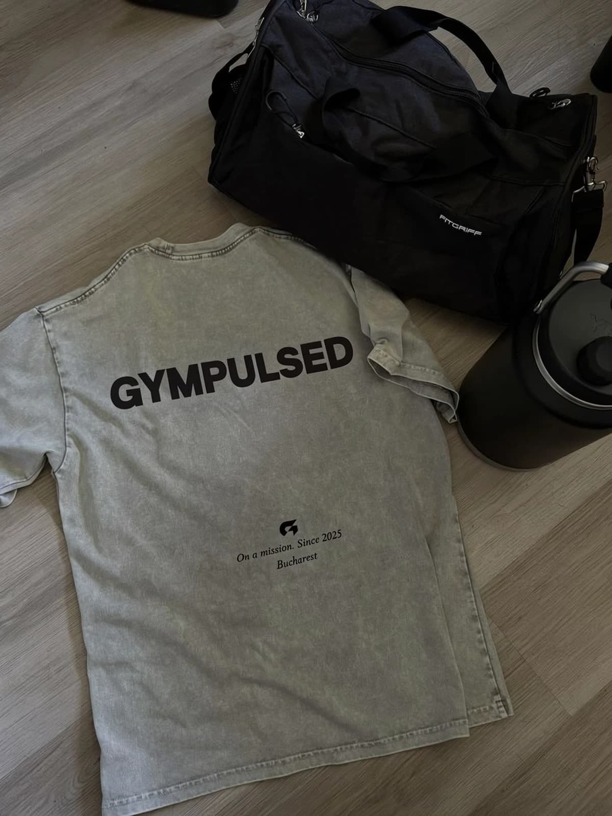 Grey GYMPULSED t-shirt with gym bag and bottle